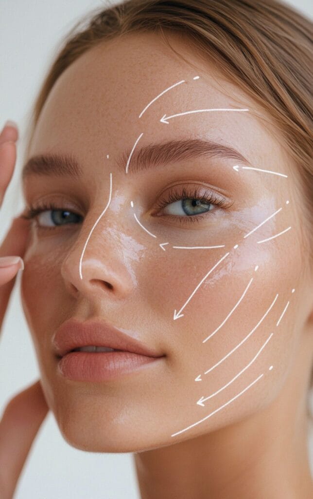 Close-up of a feminine face with smooth skin, natural makeup, and a dewy, radiant finish, illuminated by soft, bright studio lighting. White directional arrows are overlaid on the face to demonstrate facial massage or contouring techniques. The model has delicate, soft facial features, balanced anatomy, and visible freckles. The background is a clean, neutral white, and no clothing is visible, focusing entirely on the skin and facial structure.
