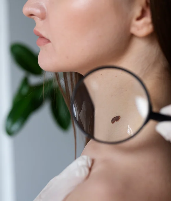 A close-up, side profile shot of a feminine person with fair skin, viewed in soft, clinical lighting. The subject has natural skin with minimal makeup and long brown hair. A person wearing white medical gloves holds a magnifying glass over a specific brown mole on the subject's neck, bringing it into focus. The background is a soft-focus, out-of-focus green plant, suggesting a professional dermatological or clinical setting. The composition emphasizes the anatomy of the neck and shoulder area, with no clothing visible.