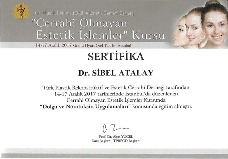 A professional certificate for Dr. Sibel Atalay issued by the Turkish Society of Plastic, Reconstructive and Aesthetic Surgeons for a course on non-surgical aesthetic procedures (fillers and neurotoxins). The top right corner features a soft-focus image of three women with feminine features, natural makeup, and illuminated skin against a light, neutral background. The certificate is presented on a clean, professional document layout with dark text and the association's emblem.