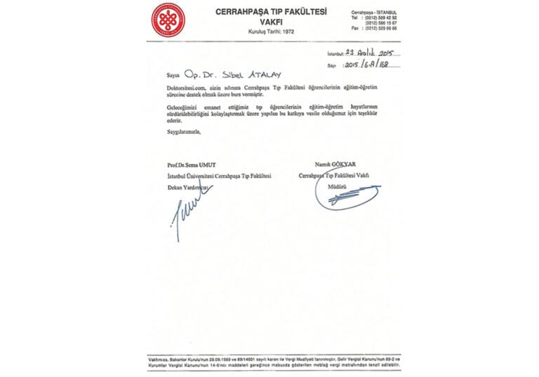 A formal certificate of appreciation from the Cerrahpaşa Medical Faculty Foundation, dated December 23, 2015, issued to Op. Dr. Sibel Atalay. The document features the official foundation logo in the top left, contact details in the top right, and formal text in Turkish acknowledging a scholarship contribution. It is signed by Prof. Dr. Sema Umut and Namık Gökyar, set against a clean white background with professional, high-contrast black printed text and blue ink signatures. As a static document, it does not feature human subjects, lighting, makeup, or attire.