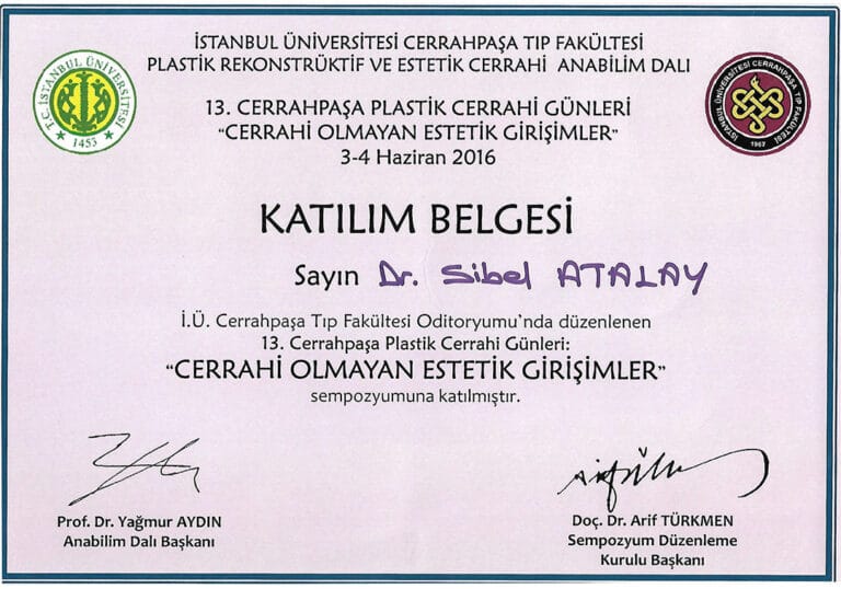 A certificate of participation from Istanbul University Cerrahpasa Medical Faculty for Dr. Sibel Atalay, acknowledging her attendance at the 13th Cerrahpasa Plastic Surgery Days on 'Non-Surgical Aesthetic Procedures' in 2016. The document features official university logos at the top, professional typography on a white background with a thin blue border, and signatures of the Department Chair and Symposium Chair at the bottom. As this is a document, it contains no human subjects, lighting, makeup, gender-specific features, anatomy, or clothing.