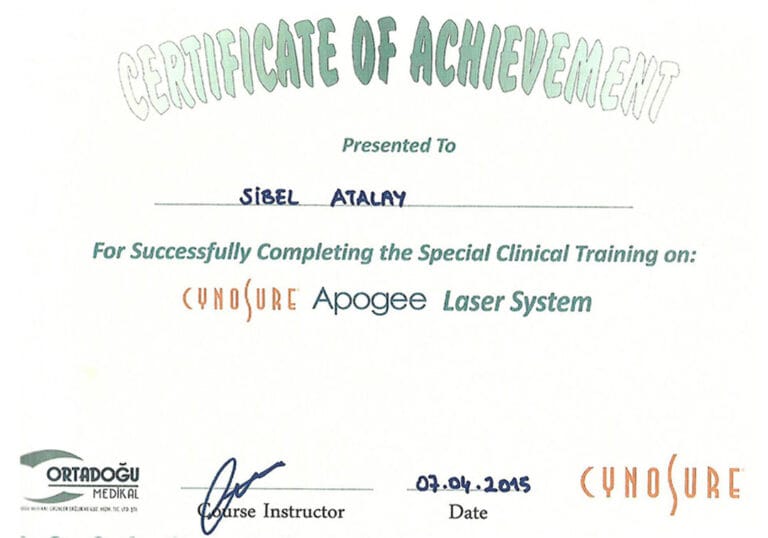 A high-resolution Certificate of Achievement for Sibel Atalay, awarded for completing special clinical training on the Cynosure Apogee Laser System. The certificate features a clean, professional white background, high-key even lighting, and clear typography. Since this is a document, there are no human figures, makeup, gender traits, anatomy, or clothing details to describe. The text is centered, including the logos of Ortadoğu Medikal and Cynosure, a signature for the Course Instructor, and the date 07.04.2015.