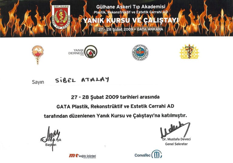 Certificate of participation for Sibel Atalay from the Burn Course and Workshop held at GATA in 2009, featuring a header with flames and medical institution logos. The certificate has a clean, professional design with a white background, black text, and official signatures at the bottom. No human figures are present, therefore, there is no lighting, makeup, gender-specific features, anatomy, or clothing to describe.