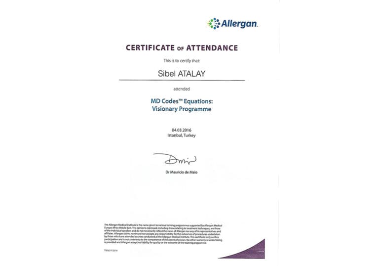 A formal Allergan Medical Institute certificate of attendance issued to Sibel Atalay for the 'MD Codes™ Equations: Visionary Programme' in 2016, featuring a clean white background, professional typography, and a digital signature from Dr. Mauricio de Maio. The document contains no human figures, therefore references to lighting, makeup, gendered traits, anatomy, or clothing are not applicable.