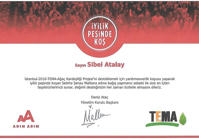 A certificate of appreciation awarded to Sibel Atalay for participating in a charity run to support the TEMA Foundation's 'Tree Brotherhood' project in 2016. The document features a top banner with a red-toned photograph of a large, diverse crowd of male and female participants in a race, with varying clothing styles appropriate for athletic activity. The certificate has a clean, professional white background with black text, including the recipient's name, a formal message of gratitude, a signature by Deniz Ataç, and the logos of 'Adım Adım' and 'TEMA'. The lighting is bright and evenly distributed across the document, which serves as a formal, non-human portrait document.