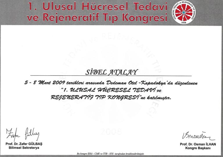 A professional certificate for the 1st National Congress of Cellular Therapy and Regenerative Medicine, held in 2009. The document has a clean, white background with a watermark, featuring formal black text in a mix of serif and sans-serif fonts. It includes the official logo of the association in the top right corner and is signed by two professors, Dr. Zafer Gülbaş and Dr. Osman İlhan, at the bottom. As this is a flat graphic document, it does not contain human subjects, lighting, makeup, or anatomical details.