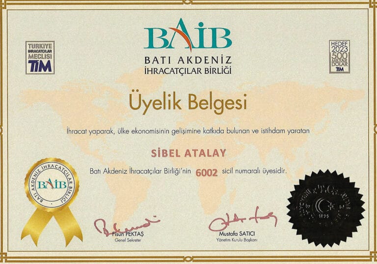 An official membership certificate from the Western Mediterranean Exporters Union (BAIB) issued to Sibel Atalay. The certificate features a professional, light-textured, cream-colored background with a subtle world map design. It includes the BAIB logo at the top, a gold embossed seal on the left, a black official stamp on the right, and the signatures of Fisun Pektaş and Mustafa Satıcı at the bottom. The document uses formal typography, neutral lighting, and lacks human figures, gender-specific features, makeup, or clothing details as it is a graphic document.