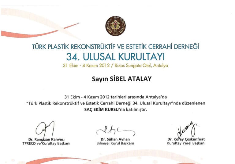A professional certificate of attendance from the Turkish Society of Plastic, Reconstructive and Aesthetic Surgeons 34th National Congress for Dr. Sibel Atalay, detailing participation in the Hair Transplantation Course, featuring official seals, signatures, clean white background, and balanced document typography.