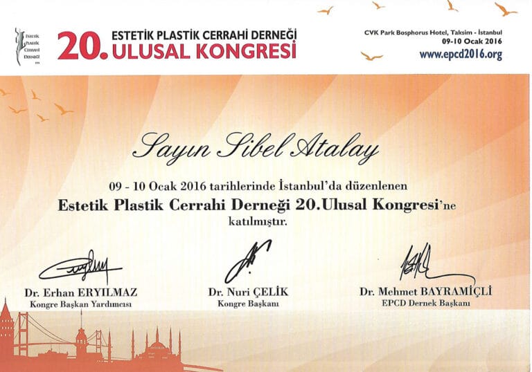 A professional participation certificate from the 20th National Congress of the Turkish Society of Plastic Reconstructive and Aesthetic Surgeons, held in Istanbul on January 9-10, 2016. The certificate is issued to Dr. Sibel Atalay, featuring a soft, gradient orange background with a subtle silhouette of the Istanbul Maiden's Tower at the bottom. The document includes the event title, date, location, and the signatures of three prominent doctors. No human subjects are present in the image, so there are no details regarding light, makeup, gender, anatomy, or clothing to describe.