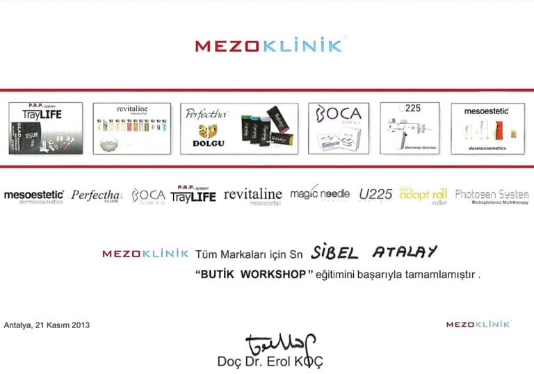 A professional training certificate issued by MEZOKLINIK, featuring a white background with a clean, minimalist design. The certificate includes the MEZOKLINIK logo at the top and bottom, a row of medical aesthetic brand logos such as TrayLIFE, Revitaline, Perfectha, BOCA, U225, and Mesoestetic. The text acknowledges Sibel Atalay for successfully completing a 'Boutique Workshop' training, dated November 21, 2013, in Antalya, and is signed by Assoc. Prof. Dr. Erol Koç. There are no people, lighting effects, makeup, or gender-related anatomical features present in this document-style image.