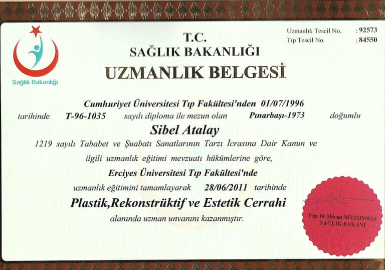 Official medical specialty certificate issued by the Republic of Turkey Ministry of Health for Dr. Sibel Atalay, detailing her Plastic, Reconstructive and Aesthetic Surgery specialization, featuring a decorative border, the official ministry logo, and a red wax seal, presented on a clean, light-colored background with formal professional typography.