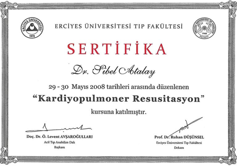 A digital certificate of attendance for 'Cardiopulmonary Resuscitation' awarded to Dr. Sibel Atalay by Erciyes University Faculty of Medicine in 2008. The certificate features a formal, decorative black-and-white border with institutional logos at the top. The text is printed in a professional font on a plain, light-colored background. No people, lighting, makeup, or anatomy are present in this document image.