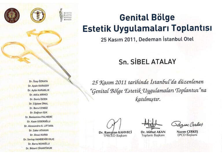 A certificate of attendance for a 'Genital Area Aesthetic Procedures Meeting' held on November 25, 2011, in Istanbul. The certificate features a clean white background with medical society logos at the top left and stylized gold symbols representing male and female anatomy. The document includes the participant's name, Dr. Sibel Atalay, a list of meeting doctors, and official signatures from the organizers. The lighting is uniform and bright, typical of a scanned document, with no focus on human subjects, makeup, or attire.
