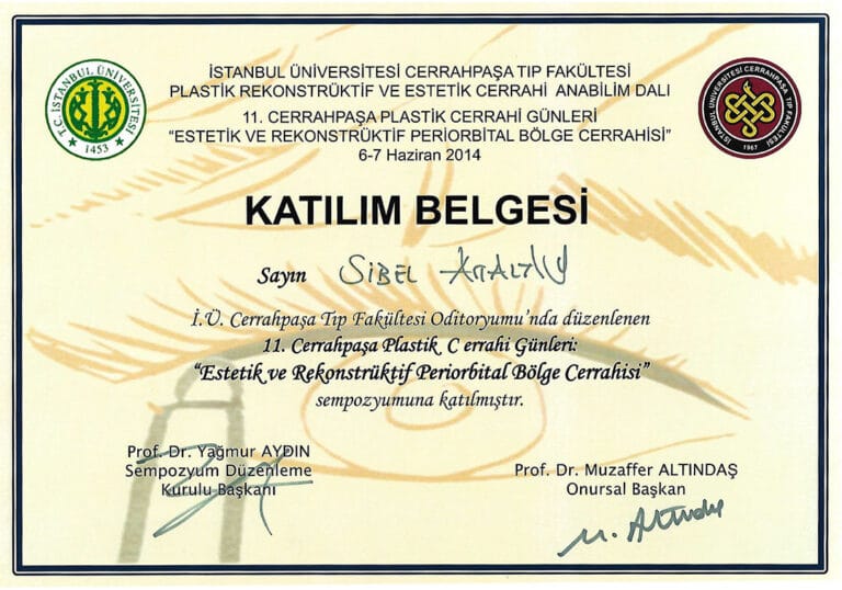 A certificate of participation for the '11th Cerrahpasa Plastic Surgery Days' event focused on 'Aesthetic and Reconstructive Periorbital Surgery', held at Istanbul University Cerrahpasa Medical Faculty in 2014. The document features a formal layout with university logos, text in Turkish, and signatures against a light beige background with subtle, abstract leaf-like silhouettes. The lighting is uniform and flat, typical of a professional document scan. As this is a digital certificate rather than a portrait, there is no application of makeup, gendered expression, human anatomy, or clothing to describe.