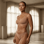 A person stands confidently in a well-lit, minimalist room with large windows draped by sheer curtains, allowing natural light to fill the space. The lighting is soft, diffused, and warm, casting gentle shadows that accentuate the contours of the person's body. Their makeup is meticulously done, featuring a natural yet polished look with defined eyebrows, subtle eye makeup with winged eyeliner, and a neutral lip color. The individual's pose and attire emphasize both feminine and masculine energy, blending strength and elegance. The background is neutral, with light-colored walls and simple architectural elements like pedestals, adding to the room's serene and sophisticated ambiance. The person is wearing a seamless, skin-toned bustier and high-waisted briefs, designed to provide a smooth, sculpted appearance, highlighting the natural anatomy and form.