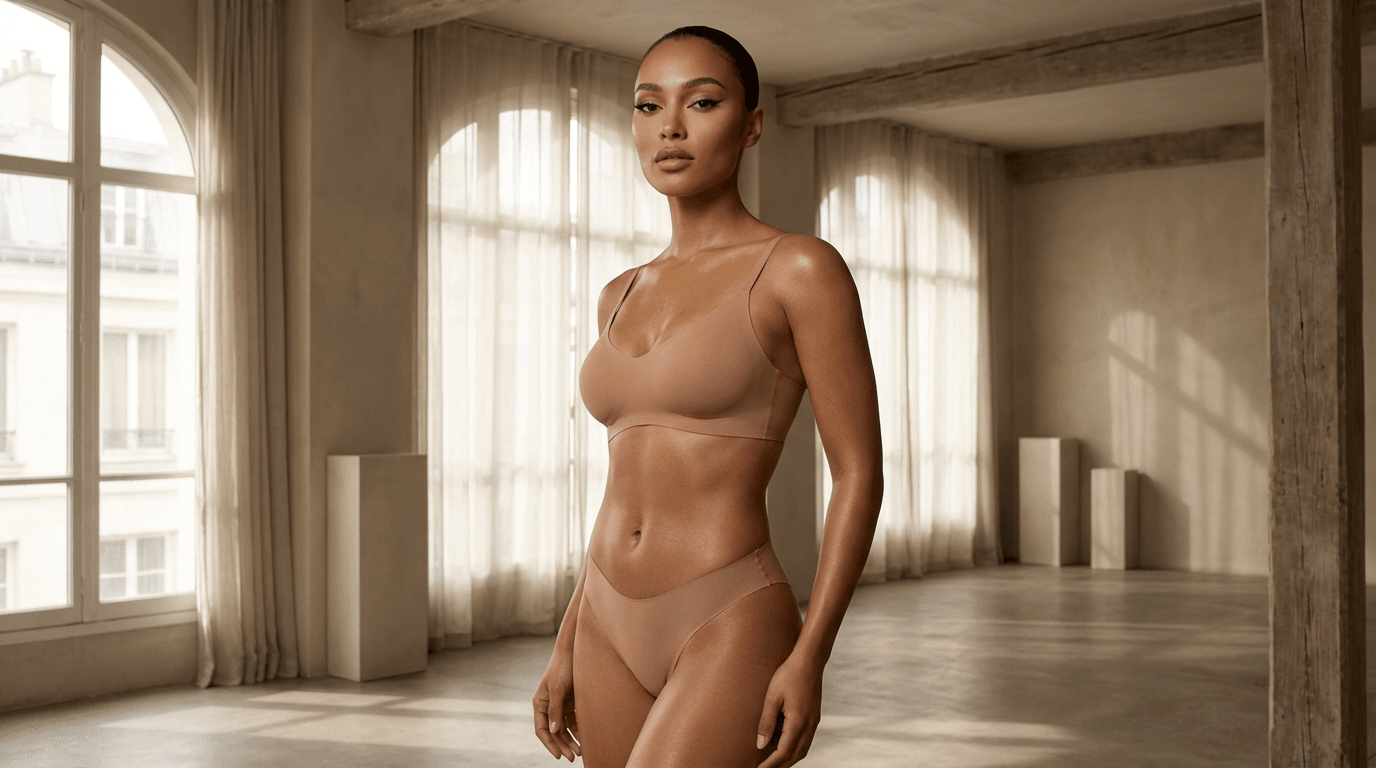 A person stands confidently in a well-lit, minimalist room with large windows draped by sheer curtains, allowing natural light to fill the space. The lighting is soft, diffused, and warm, casting gentle shadows that accentuate the contours of the person's body. Their makeup is meticulously done, featuring a natural yet polished look with defined eyebrows, subtle eye makeup with winged eyeliner, and a neutral lip color. The individual's pose and attire emphasize both feminine and masculine energy, blending strength and elegance. The background is neutral, with light-colored walls and simple architectural elements like pedestals, adding to the room's serene and sophisticated ambiance. The person is wearing a seamless, skin-toned bustier and high-waisted briefs, designed to provide a smooth, sculpted appearance, highlighting the natural anatomy and form.