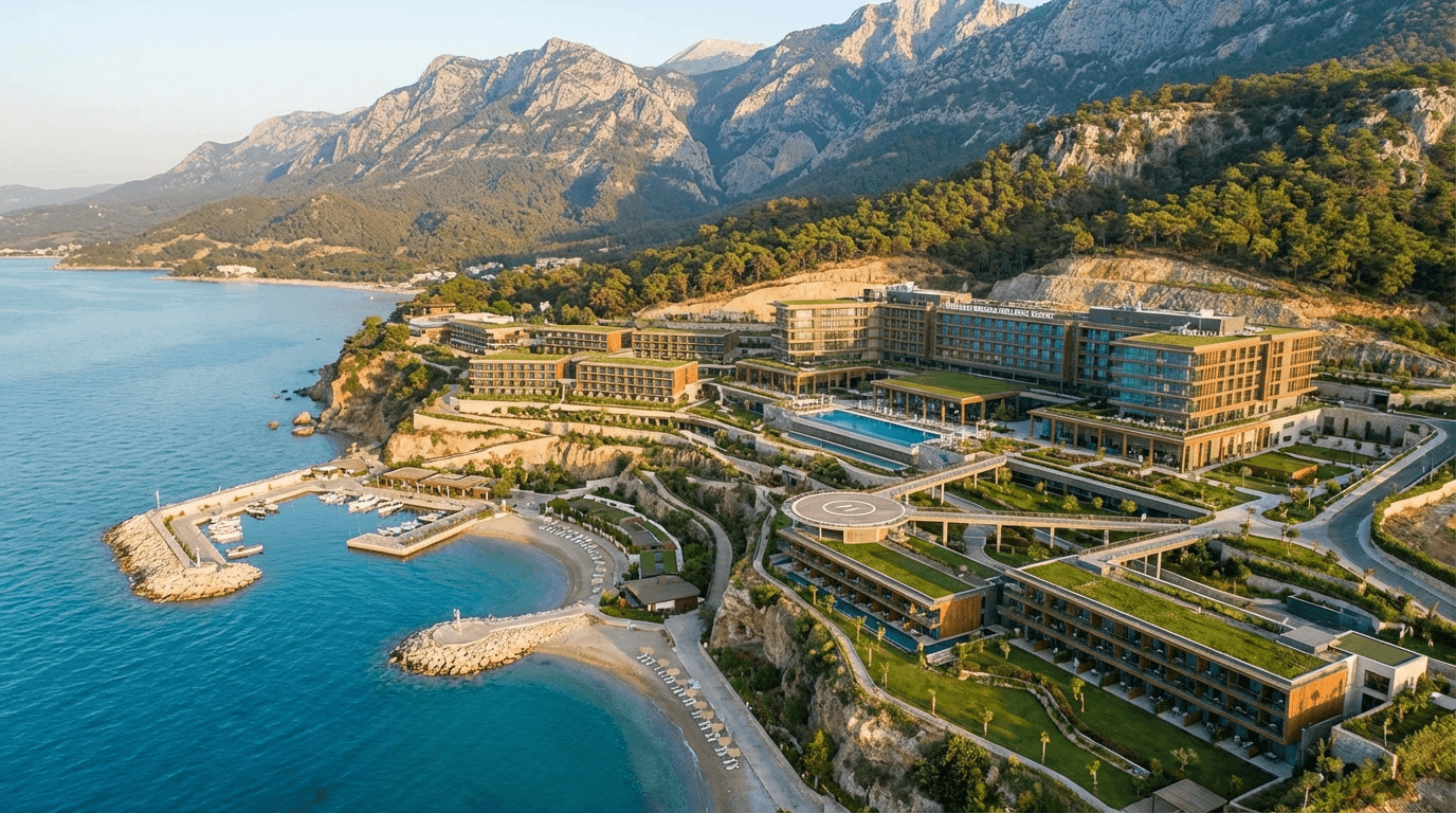 An aerial view of a luxurious seaside resort nestled between a serene blue sea and towering mountainous terrain. The resort features modern architectural designs with multiple buildings, terraced greenery, and expansive pools. The warm lighting accentuates the golden hues of the structures, creating a harmonious blend with the natural surroundings. The backdrop showcases rugged mountains covered in dense forests, while the clear sky enhances the overall tranquility of the scene. The image does not contain any human subjects, thus details like makeup, gender traits, or clothing specifics are not applicable.