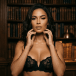 A portrait of a woman with a strong feminine presence, featuring dramatic sepia-toned lighting that highlights her facial anatomy and soft, glowing skin texture. She has sharp, glamorous makeup with defined winged eyeliner and neutral lips. She is wearing an intricate black lace lingerie set with thin straps. The background is a dimly lit, classic library with blurred bookshelves, creating a sophisticated and moody atmosphere.