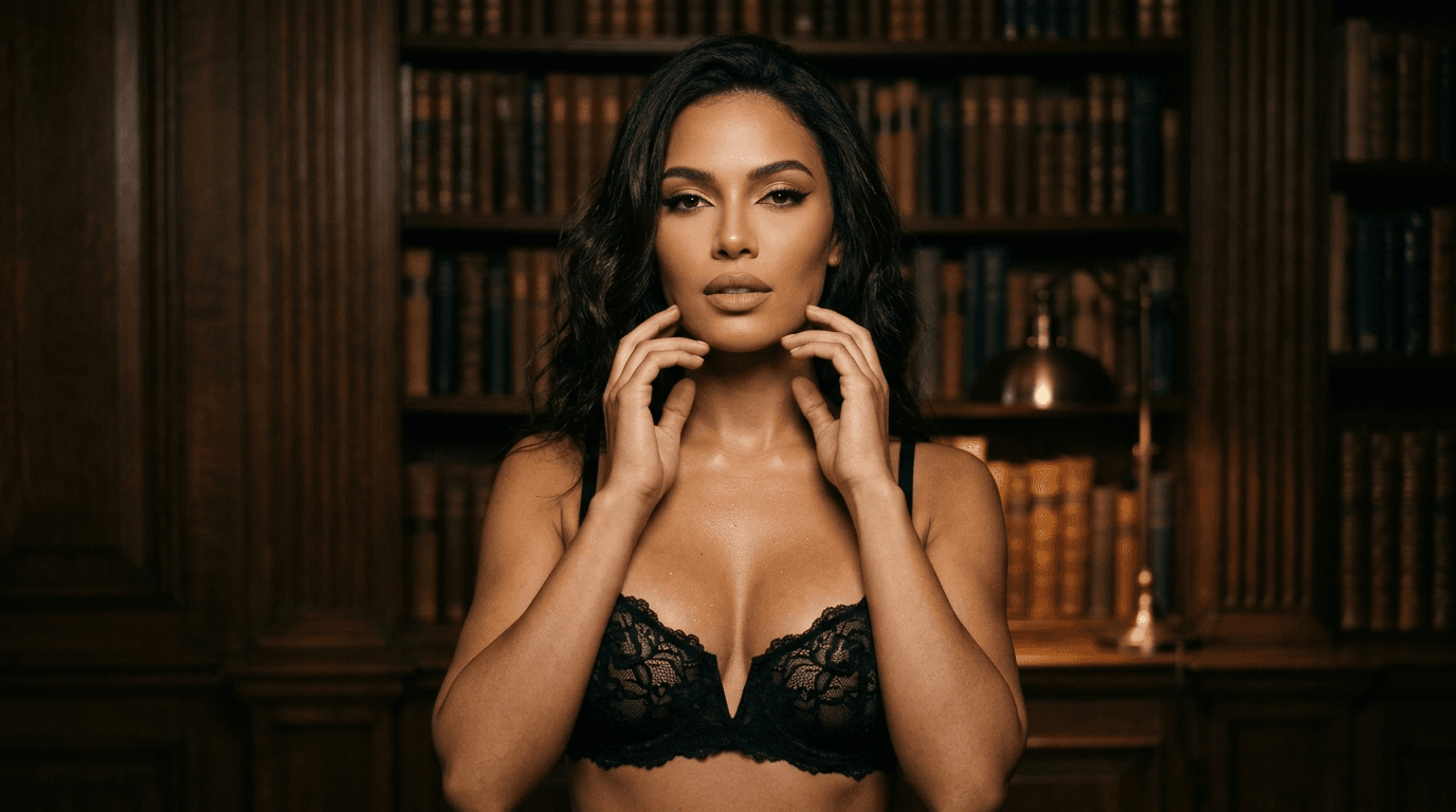 A portrait of a woman with a strong feminine presence, featuring dramatic sepia-toned lighting that highlights her facial anatomy and soft, glowing skin texture. She has sharp, glamorous makeup with defined winged eyeliner and neutral lips. She is wearing an intricate black lace lingerie set with thin straps. The background is a dimly lit, classic library with blurred bookshelves, creating a sophisticated and moody atmosphere.