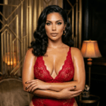 A woman with dark wavy hair posing confidently in a red lace bodysuit inside a luxury room with gold decor.