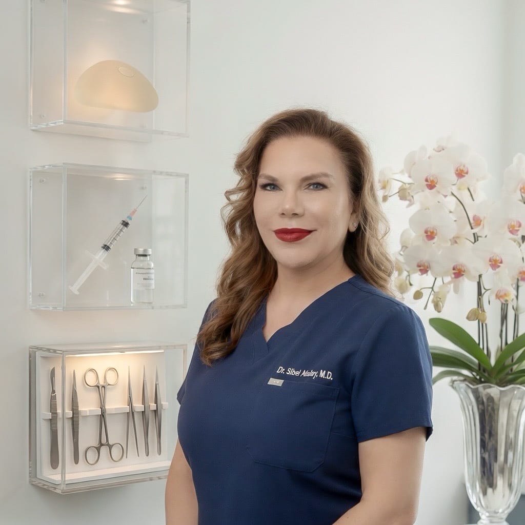 A professional, high-resolution editorial portrait of Dr. Sibel Atalay, M.D., captured with an 85mm portrait lens that provides a crisp, hyper-realistic aesthetic with a shallow depth of field. The lighting is soft and flattering, balanced to illuminate the subject's face evenly while maintaining clinical clarity, highlighting her poised and authoritative posture. The subject, a woman with refined features and a composed expression, is dressed in a professional navy-blue medical scrub top featuring clean lines and a subtle, embroidered name tag. Her skin texture is depicted with natural luminescence, conveying a polished and well-cared-for appearance. The background is a clean, modern clinical setting featuring minimalist, illuminated glass displays showcasing surgical tools and medical implants, juxtaposed with a delicate, blooming white orchid in a crystal vase. The overall atmosphere is one of sophisticated, high-end medical expertise, rendered with clinical precision and contemporary elegance.