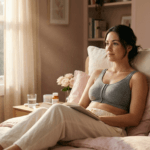 A high-resolution, hyper-realistic lifestyle portrait captured with an 85mm prime lens at a shallow depth of field, emphasizing the subject against a soft-focus bedroom background. The lighting is diffused and natural, streaming in from a large window at a side angle, creating a gentle gradient of warmth that highlights the subject’s relaxed posture and soft skin texture. The woman, with a serene expression, is seated upright on a bed, dressed in a grey cotton sports bra and comfortable cream-colored lounge pants. The image conveys a peaceful, quiet morning atmosphere, with dust motes dancing in the sunbeams. The focus is sharp on her features, while the room’s muted, pastel-toned environment—featuring linen pillows, a bedside table with books, and a glass of water—lends to a calming, domestic aesthetic. Every element is rendered with exquisite detail, from the soft folds of the bedding to the subtle luminescence on her skin.