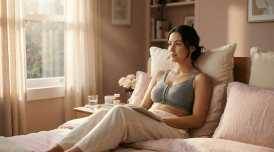 A high-resolution, hyper-realistic lifestyle portrait captured with an 85mm prime lens at a shallow depth of field, emphasizing the subject against a soft-focus bedroom background. The lighting is diffused and natural, streaming in from a large window at a side angle, creating a gentle gradient of warmth that highlights the subject’s relaxed posture and soft skin texture. The woman, with a serene expression, is seated upright on a bed, dressed in a grey cotton sports bra and comfortable cream-colored lounge pants. The image conveys a peaceful, quiet morning atmosphere, with dust motes dancing in the sunbeams. The focus is sharp on her features, while the room’s muted, pastel-toned environment—featuring linen pillows, a bedside table with books, and a glass of water—lends to a calming, domestic aesthetic. Every element is rendered with exquisite detail, from the soft folds of the bedding to the subtle luminescence on her skin.