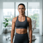 A professional editorial description of the image featuring a woman in a modern indoor setting: The photograph exhibits a meticulously crafted composition with a focus on hyperrealistic visual quality. **Camera and Optics:** The image appears to be captured using a high-end lens, likely an 85mm prime lens, known for its ability to produce sharp, detailed images with a shallow depth of field. The resolution suggests an 8K or higher quality, delivering hyperrealistic details that accentuate the subject’s features and surroundings. The framing and scale of the shot emphasize a mid-to-close-up perspective, ensuring the subject dominates the visual narrative. **Lighting Design:** The lighting design employs a hard-light technique, characterized by its sharp and defined shadows. The light source seems to originate from a side angle, creating dramatic shadows that accentuate the subject’s muscular definition and facial structure. This technique enhances the three-dimensionality of the body, emphasizing contours such as the shoulders, collarbone, and abdominal muscles. The interplay of light and shadow adds a sculptural quality to the image, highlighting the subject’s physical form. **Anatomy and Identity:** The subject is a woman with a confident and upright posture, exuding strength and determination. Her physique is toned, with a pronounced and well-defined musculature, particularly in the shoulders, arms, and abdominal region. The term 'snatched' could aptly describe her waistline, which is accentuated by her posture and the lighting. The overall impression is one of athleticism and discipline, with a clear emphasis on her physical fitness. **Texture and Skin:** The skin texture in the image is highly detailed, showcasing a natural and healthy luminescence. There is a subtle sheen on the skin, possibly indicating light perspiration, which enhances the lifelike quality of the image. The interplay of light on the skin creates a soft glow, emphasizing the subject’s vitality and energy. The micro-details of the skin, such as pores and fine lines, are rendered with precision, adding to the hyperrealistic quality of the photograph. **Clothing and Hardware:** The subject is wearing a form-fitting athletic ensemble, consisting of a gray sports bra and matching leggings. The fabric appears to be a high-performance material, likely a blend of spandex and polyester, designed for flexibility and moisture-wicking. The clothing hugs the body tightly, accentuating the subject’s muscular definition and overall physique. There are no visible metal accessories or hardware on the clothing, maintaining a sleek and minimalist aesthetic. **Composition and Background:** The composition of the image places the subject at the center, making her the undeniable focal point. The background features a modern, minimalist interior with clean lines and a neutral color palette. Large windows allow natural light to flood the space, complementing the artificial lighting used on the subject. The atmosphere is one of sophistication and luxury, with a hint of an urban loft aesthetic. The overall mood is serene yet powerful, aligning with the subject’s confident demeanor and the meticulous attention to detail in the image.
