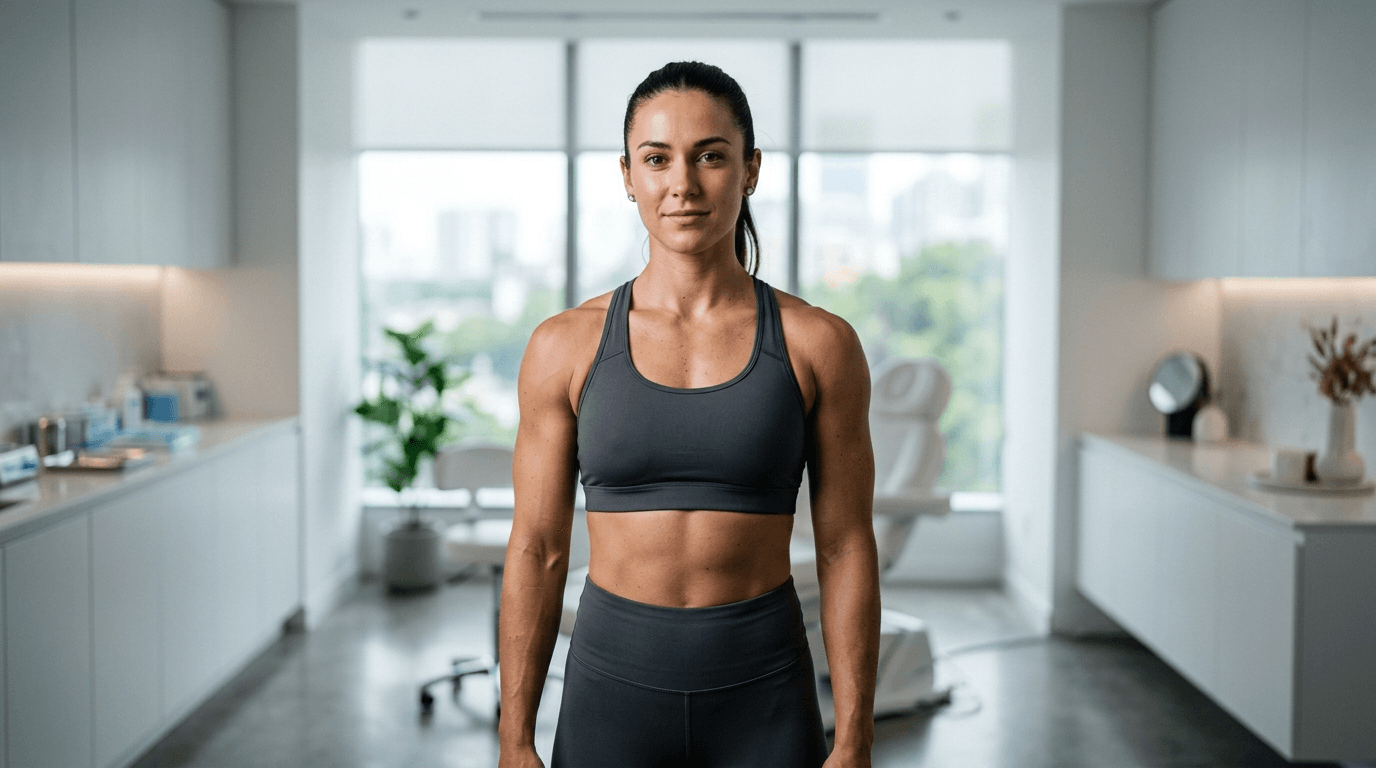 A professional editorial description of the image featuring a woman in a modern indoor setting: The photograph exhibits a meticulously crafted composition with a focus on hyperrealistic visual quality. **Camera and Optics:** The image appears to be captured using a high-end lens, likely an 85mm prime lens, known for its ability to produce sharp, detailed images with a shallow depth of field. The resolution suggests an 8K or higher quality, delivering hyperrealistic details that accentuate the subject’s features and surroundings. The framing and scale of the shot emphasize a mid-to-close-up perspective, ensuring the subject dominates the visual narrative. **Lighting Design:** The lighting design employs a hard-light technique, characterized by its sharp and defined shadows. The light source seems to originate from a side angle, creating dramatic shadows that accentuate the subject’s muscular definition and facial structure. This technique enhances the three-dimensionality of the body, emphasizing contours such as the shoulders, collarbone, and abdominal muscles. The interplay of light and shadow adds a sculptural quality to the image, highlighting the subject’s physical form. **Anatomy and Identity:** The subject is a woman with a confident and upright posture, exuding strength and determination. Her physique is toned, with a pronounced and well-defined musculature, particularly in the shoulders, arms, and abdominal region. The term 'snatched' could aptly describe her waistline, which is accentuated by her posture and the lighting. The overall impression is one of athleticism and discipline, with a clear emphasis on her physical fitness. **Texture and Skin:** The skin texture in the image is highly detailed, showcasing a natural and healthy luminescence. There is a subtle sheen on the skin, possibly indicating light perspiration, which enhances the lifelike quality of the image. The interplay of light on the skin creates a soft glow, emphasizing the subject’s vitality and energy. The micro-details of the skin, such as pores and fine lines, are rendered with precision, adding to the hyperrealistic quality of the photograph. **Clothing and Hardware:** The subject is wearing a form-fitting athletic ensemble, consisting of a gray sports bra and matching leggings. The fabric appears to be a high-performance material, likely a blend of spandex and polyester, designed for flexibility and moisture-wicking. The clothing hugs the body tightly, accentuating the subject’s muscular definition and overall physique. There are no visible metal accessories or hardware on the clothing, maintaining a sleek and minimalist aesthetic. **Composition and Background:** The composition of the image places the subject at the center, making her the undeniable focal point. The background features a modern, minimalist interior with clean lines and a neutral color palette. Large windows allow natural light to flood the space, complementing the artificial lighting used on the subject. The atmosphere is one of sophistication and luxury, with a hint of an urban loft aesthetic. The overall mood is serene yet powerful, aligning with the subject’s confident demeanor and the meticulous attention to detail in the image.