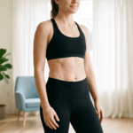 A high-resolution, professional editorial capture of a woman in an athletic stance, shot with an 85mm prime lens for flattering portrait compression and sharp focus. The lighting is soft and diffused, characteristic of natural light photography, creating subtle highlights across the midriff and shoulders that emphasize a toned, athletic physique. The subject is wearing a form-fitting black sports bra and high-waisted leggings in a matte, performance-fabric texture. A subtle surgical scar is visible on the lower abdomen, rendered with clinical clarity. The composition is balanced and clean, set against a bright, minimalist, and serene interior space with blurred soft-focus greenery, creating an atmosphere of wellness, recovery, and empowerment. The image maintains a hyper-realistic, high-fidelity aesthetic, capturing fine skin texture and natural luminescence without harsh contrast.