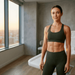 A hyper-realistic 8k editorial portrait captured with an 85mm prime lens, showcasing a fit woman in an upscale clinical aesthetic setting. The subject displays a toned, athletic physique with defined abdominal musculature, wearing high-performance dark olive activewear made of matte compression fabric. The lighting is dominated by a warm, golden-hour ambient glow streaming from expansive floor-to-ceiling windows, creating soft highlights that accentuate her skin's natural, healthy luminescence and texture. Her posture is poised and confident, set against a modern, minimalist backdrop with a professional treatment bed, evoking an atmosphere of refined wellness and clinical luxury. The shallow depth of field keeps the focus sharply on the subject, while the background gracefully dissolves into the serene, soft-focus urban horizon.