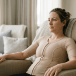 A professional editorial-style photograph, captured with a high-fidelity 85mm prime lens to achieve a shallow depth of field that isolates the subject. The image quality is hyper-realistic, rendered in 8k clarity, showcasing a calm woman in a post-surgical setting. Soft, diffuse natural window lighting emanates from the left, creating gentle gradients and a serene atmosphere, avoiding harsh shadows. The subject is seated in a neutral-toned armchair, her posture relaxed yet composed, wearing a beige compression garment with precise, flat-lock seaming designed for medical support. Her skin texture is natural and clear, illuminated with a soft, clean luminescence. The background consists of a thoughtfully composed, muted clinical interior, featuring soft-textured upholstery and blurred hospital equipment that suggests a tranquil, recovery-focused environment. The overall aesthetic is clinical yet warm, prioritizing comfort and clean, modern professionalism.