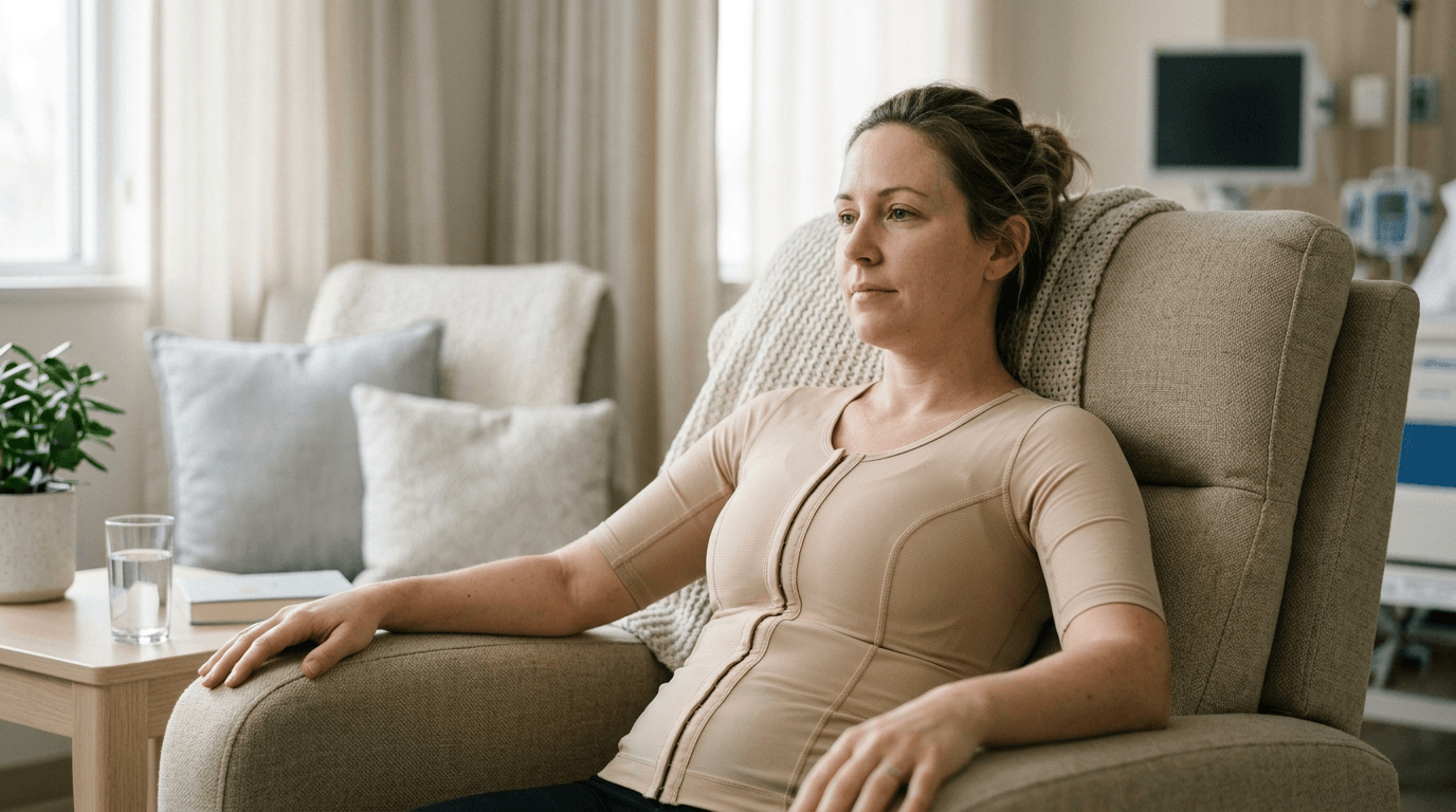 A professional editorial-style photograph, captured with a high-fidelity 85mm prime lens to achieve a shallow depth of field that isolates the subject. The image quality is hyper-realistic, rendered in 8k clarity, showcasing a calm woman in a post-surgical setting. Soft, diffuse natural window lighting emanates from the left, creating gentle gradients and a serene atmosphere, avoiding harsh shadows. The subject is seated in a neutral-toned armchair, her posture relaxed yet composed, wearing a beige compression garment with precise, flat-lock seaming designed for medical support. Her skin texture is natural and clear, illuminated with a soft, clean luminescence. The background consists of a thoughtfully composed, muted clinical interior, featuring soft-textured upholstery and blurred hospital equipment that suggests a tranquil, recovery-focused environment. The overall aesthetic is clinical yet warm, prioritizing comfort and clean, modern professionalism.