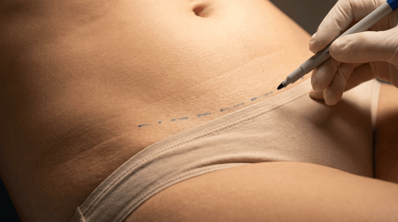 A hyper-realistic, clinical close-up shot captured with an 85mm macro lens, emphasizing surgical precision and anatomical detail. The image focuses on a patient's lower abdomen, where a practitioner wearing a sterile white latex glove uses a medical marker to trace a dotted guideline for a procedure. The lighting is soft and diffused, characteristic of a professional medical environment, creating gentle highlights that accentuate the smooth texture of the skin. The focus is sharp on the intersection of the marker tip and the skin, showcasing micro-details of the epidermis. The patient is wearing beige, cotton-blend underwear, providing a neutral backdrop that directs attention to the surgical planning. The composition is clean and minimalist, maintaining a sophisticated, clinical-aesthetic atmosphere typical of high-end cosmetic surgical documentation.