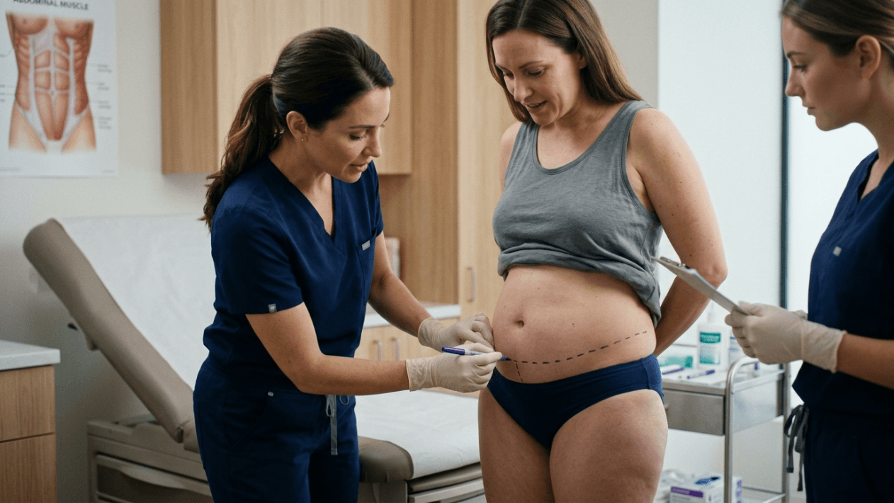 image A professional, high-resolution editorial shot captured with an 85mm portrait lens, featuring clinical precision and hyper-realistic detail. The composition centers on a female patient undergoing a pre-surgical consultation, with a medical professional meticulously marking the abdominal region with a surgical pen. The lighting is soft, diffuse, and clinical, minimizing harsh shadows to maintain a clean, sterile, and trustworthy aesthetic. The image captures the natural skin texture and anatomical reality of the patient’s torso, contrasting with the soft, jersey-knit fabric of her grey tank top and dark navy undergarments. In the background, a subtle, blurred medical examination room with wooden cabinets and anatomical wall charts reinforces the professional, Lure-based, and sanitized environment, emphasizing a sense of expert care and patient-focused consultation.