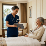 A hyper-realistic, 8k editorial photograph captured with a 50mm lens, showcasing a professional medical consultation in an upscale, light-filled suite. A female nurse, dressed in crisp, deep navy blue surgical scrubs and wearing a stethoscope, stands with a warm, empathetic expression, holding a tablet to communicate health data to an elderly female patient sitting comfortably in a well-appointed bed. The scene is bathed in soft, diffused natural light pouring in from large balcony windows overlooking a coastal view, creating a serene and gentle atmosphere. The nurse’s posture is professional and engaged, while the patient, wearing soft, light-toned casual loungewear, projects a calm and trusting demeanor. The textures of the refined interior—the plush bedding, wooden furniture, and elegant curtains—are rendered with sharp clarity and natural luminescence. The composition emphasizes a harmonious, high-end healthcare environment, balancing technical precision with human connection.