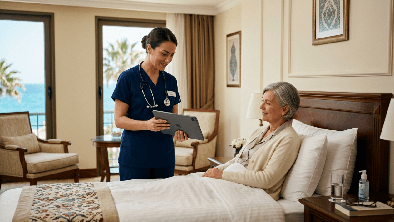 A hyper-realistic, 8k editorial photograph captured with a 50mm lens, showcasing a professional medical consultation in an upscale, light-filled suite. A female nurse, dressed in crisp, deep navy blue surgical scrubs and wearing a stethoscope, stands with a warm, empathetic expression, holding a tablet to communicate health data to an elderly female patient sitting comfortably in a well-appointed bed. The scene is bathed in soft, diffused natural light pouring in from large balcony windows overlooking a coastal view, creating a serene and gentle atmosphere. The nurse’s posture is professional and engaged, while the patient, wearing soft, light-toned casual loungewear, projects a calm and trusting demeanor. The textures of the refined interior—the plush bedding, wooden furniture, and elegant curtains—are rendered with sharp clarity and natural luminescence. The composition emphasizes a harmonious, high-end healthcare environment, balancing technical precision with human connection.