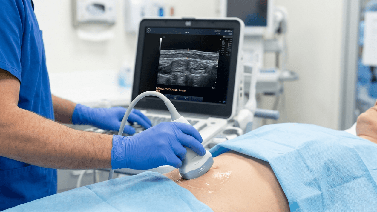 A professional clinical photograph captured with an 85mm macro lens, delivering hyper-realistic, 8K-quality precision in a medical setting. The scene features a healthcare professional, clad in blue surgical scrubs and protective nitrile gloves, meticulously operating an ultrasound transducer on a patient's abdomen. The lighting is bright, sterile, and diffused, typical of a modern medical facility, casting soft, realistic shadows that emphasize the texture of the conductive ultrasound gel shimmering on the patient's skin. The focus is sharply locked on the interface between the transducer and the gel-coated skin, with the ultrasound monitor in the background displaying clear, grayscale diagnostic imaging with the text 'DERMAL THICKNESS: 1.8 mm'. The composition highlights the technical nature of dermatology or aesthetic medicine, balancing the clinical blue tones of the scrubs and surgical drapes with the sterile, clean atmosphere of the clinic.