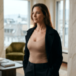 Captured with an 85mm portrait lens, this hyper-realistic, 8k resolution editorial photograph features a woman in a sophisticated, poised stance. The lighting is masterfully controlled, utilizing soft, diffused directional light that gracefully contours her silhouette and highlights her natural complexion without harsh shadows. The subject displays an elegant posture, wearing a form-fitting nude-toned bodysuit paired with a tailored, deep navy coat, showcasing a clean, minimalist aesthetic. Her skin possesses a subtle, healthy luminescence, rendered with lifelike clarity. The composition is balanced within a luxurious interior space characterized by polished marble walls and a muted, contemporary color palette, creating an atmosphere of refined professionalism and quiet luxury. A professional photography light panel is visible in the upper-left frame, grounding the image in a studio-editorial context.