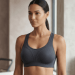 A high-resolution, hyper-realistic editorial portrait captured with an 85mm portrait lens, showcasing a woman in a poised, athletic stance. The lighting is soft and directional, emanating from the side to elegantly contour her toned physique and defined collarbones. Her skin possesses a natural, healthy luminosity with subtle, lifelike texture. She is wearing a structured, charcoal-grey high-performance sports bra crafted from a matte, technical compression fabric. The composition focuses on her confident, serene expression, set against a blurred, minimalist architectural interior with neutral tones, evoking a sophisticated, modern atmosphere.