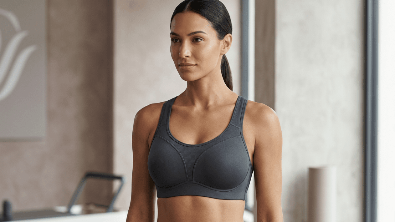 A high-resolution, hyper-realistic editorial portrait captured with an 85mm portrait lens, showcasing a woman in a poised, athletic stance. The lighting is soft and directional, emanating from the side to elegantly contour her toned physique and defined collarbones. Her skin possesses a natural, healthy luminosity with subtle, lifelike texture. She is wearing a structured, charcoal-grey high-performance sports bra crafted from a matte, technical compression fabric. The composition focuses on her confident, serene expression, set against a blurred, minimalist architectural interior with neutral tones, evoking a sophisticated, modern atmosphere.