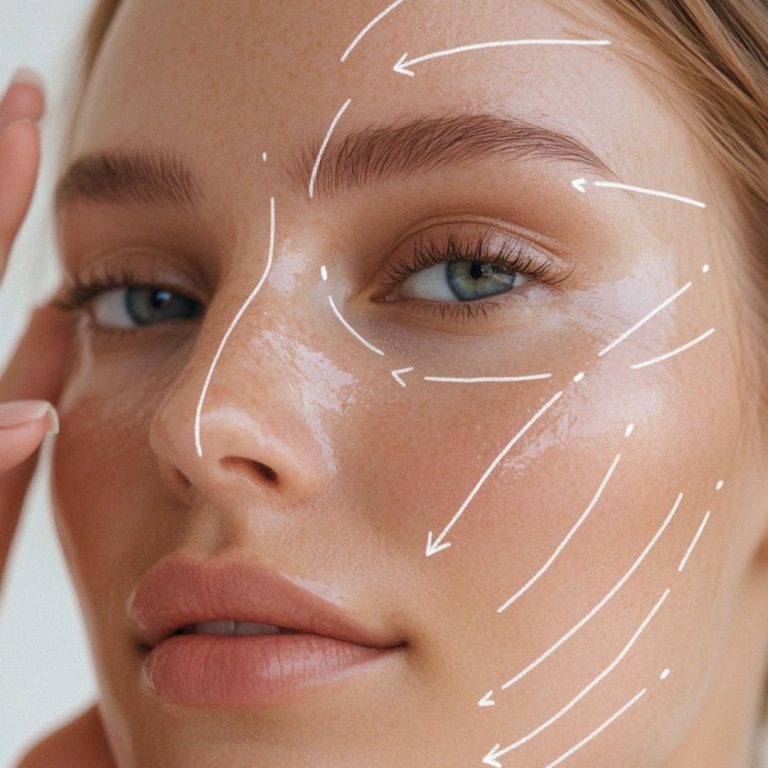 Close-up of a feminine face with smooth skin, natural makeup, and a dewy, radiant finish, illuminated by soft, bright studio lighting. White directional arrows are overlaid on the face to demonstrate facial massage or contouring techniques. The model has delicate, soft facial features, balanced anatomy, and visible freckles. The background is a clean, neutral white, and no clothing is visible, focusing entirely on the skin and facial structure.