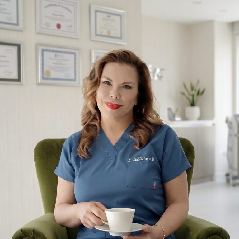 A professional, high-resolution portrait of a female physician, captured with a shallow depth-of-field lens—reminiscent of an 85mm prime—producing a clean, hyper-realistic, 8k-quality aesthetic. The lighting is soft and diffused, characteristic of studio-lit medical photography, creating a gentle luminosity on the skin without harsh shadows. The subject is seated in a plush, moss-green velvet armchair, projecting an aura of confidence and poise. She is dressed in a crisp, cobalt blue medical scrub set, characterized by a smooth, professional fabric texture. The background is a clean, well-lit medical office interior, featuring a gallery wall of framed professional certifications and awards, subtly blurred to maintain focus on the subject. The atmosphere is clinical yet welcoming and luxurious, conveying a sense of authority, expertise, and approachable medical professionalism.