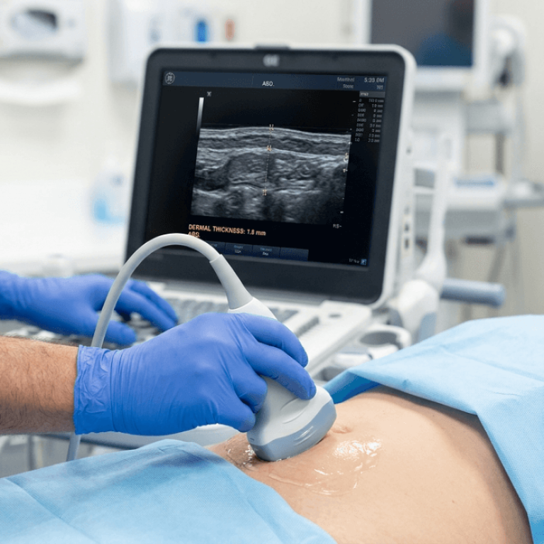 A professional clinical photograph captured with an 85mm macro lens, delivering hyper-realistic, 8K-quality precision in a medical setting. The scene features a healthcare professional, clad in blue surgical scrubs and protective nitrile gloves, meticulously operating an ultrasound transducer on a patient's abdomen. The lighting is bright, sterile, and diffused, typical of a modern medical facility, casting soft, realistic shadows that emphasize the texture of the conductive ultrasound gel shimmering on the patient's skin. The focus is sharply locked on the interface between the transducer and the gel-coated skin, with the ultrasound monitor in the background displaying clear, grayscale diagnostic imaging with the text 'DERMAL THICKNESS: 1.8 mm'. The composition highlights the technical nature of dermatology or aesthetic medicine, balancing the clinical blue tones of the scrubs and surgical drapes with the sterile, clean atmosphere of the clinic.