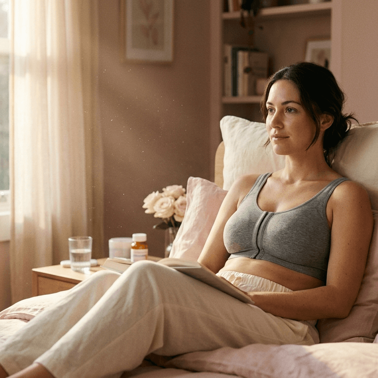 A high-resolution, hyper-realistic lifestyle portrait captured with an 85mm prime lens at a shallow depth of field, emphasizing the subject against a soft-focus bedroom background. The lighting is diffused and natural, streaming in from a large window at a side angle, creating a gentle gradient of warmth that highlights the subject’s relaxed posture and soft skin texture. The woman, with a serene expression, is seated upright on a bed, dressed in a grey cotton sports bra and comfortable cream-colored lounge pants. The image conveys a peaceful, quiet morning atmosphere, with dust motes dancing in the sunbeams. The focus is sharp on her features, while the room’s muted, pastel-toned environment—featuring linen pillows, a bedside table with books, and a glass of water—lends to a calming, domestic aesthetic. Every element is rendered with exquisite detail, from the soft folds of the bedding to the subtle luminescence on her skin.