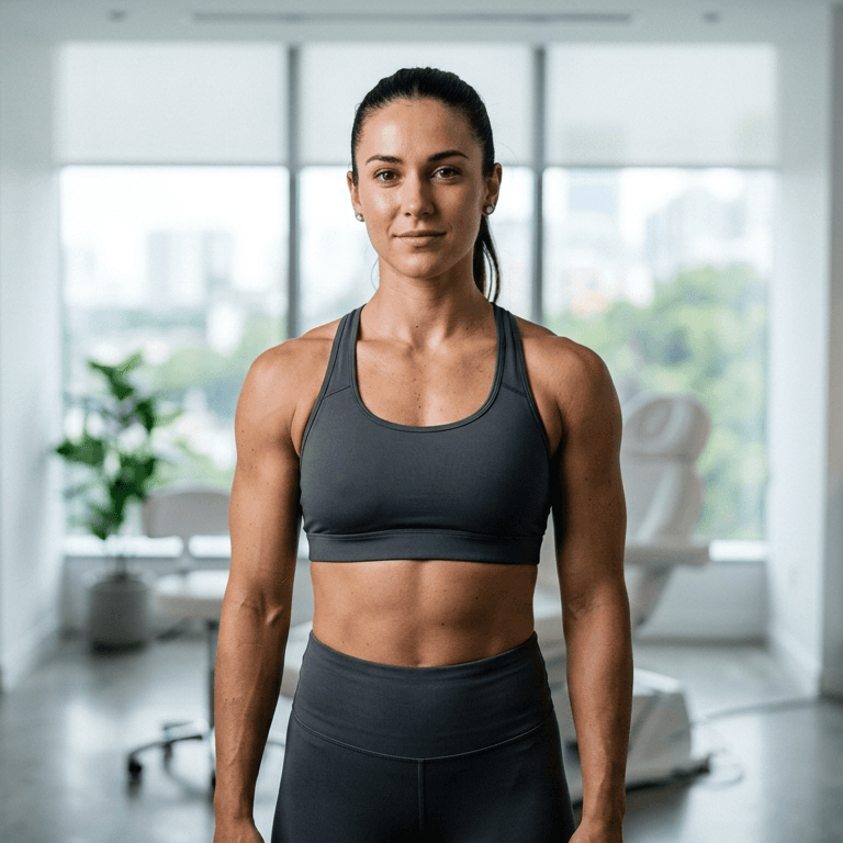 A professional editorial description of the image featuring a woman in a modern indoor setting: The photograph exhibits a meticulously crafted composition with a focus on hyperrealistic visual quality. **Camera and Optics:** The image appears to be captured using a high-end lens, likely an 85mm prime lens, known for its ability to produce sharp, detailed images with a shallow depth of field. The resolution suggests an 8K or higher quality, delivering hyperrealistic details that accentuate the subject’s features and surroundings. The framing and scale of the shot emphasize a mid-to-close-up perspective, ensuring the subject dominates the visual narrative. **Lighting Design:** The lighting design employs a hard-light technique, characterized by its sharp and defined shadows. The light source seems to originate from a side angle, creating dramatic shadows that accentuate the subject’s muscular definition and facial structure. This technique enhances the three-dimensionality of the body, emphasizing contours such as the shoulders, collarbone, and abdominal muscles. The interplay of light and shadow adds a sculptural quality to the image, highlighting the subject’s physical form. **Anatomy and Identity:** The subject is a woman with a confident and upright posture, exuding strength and determination. Her physique is toned, with a pronounced and well-defined musculature, particularly in the shoulders, arms, and abdominal region. The term 'snatched' could aptly describe her waistline, which is accentuated by her posture and the lighting. The overall impression is one of athleticism and discipline, with a clear emphasis on her physical fitness. **Texture and Skin:** The skin texture in the image is highly detailed, showcasing a natural and healthy luminescence. There is a subtle sheen on the skin, possibly indicating light perspiration, which enhances the lifelike quality of the image. The interplay of light on the skin creates a soft glow, emphasizing the subject’s vitality and energy. The micro-details of the skin, such as pores and fine lines, are rendered with precision, adding to the hyperrealistic quality of the photograph. **Clothing and Hardware:** The subject is wearing a form-fitting athletic ensemble, consisting of a gray sports bra and matching leggings. The fabric appears to be a high-performance material, likely a blend of spandex and polyester, designed for flexibility and moisture-wicking. The clothing hugs the body tightly, accentuating the subject’s muscular definition and overall physique. There are no visible metal accessories or hardware on the clothing, maintaining a sleek and minimalist aesthetic. **Composition and Background:** The composition of the image places the subject at the center, making her the undeniable focal point. The background features a modern, minimalist interior with clean lines and a neutral color palette. Large windows allow natural light to flood the space, complementing the artificial lighting used on the subject. The atmosphere is one of sophistication and luxury, with a hint of an urban loft aesthetic. The overall mood is serene yet powerful, aligning with the subject’s confident demeanor and the meticulous attention to detail in the image.