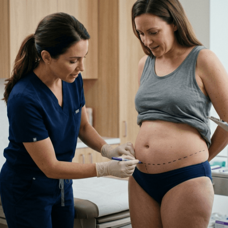 A professional, high-resolution editorial shot captured with an 85mm portrait lens, featuring clinical precision and hyper-realistic detail. The composition centers on a female patient undergoing a pre-surgical consultation, with a medical professional meticulously marking the abdominal region with a surgical pen. The lighting is soft, diffuse, and clinical, minimizing harsh shadows to maintain a clean, sterile, and trustworthy aesthetic. The image captures the natural skin texture and anatomical reality of the patient’s torso, contrasting with the soft, jersey-knit fabric of her grey tank top and dark navy undergarments. In the background, a subtle, blurred medical examination room with wooden cabinets and anatomical wall charts reinforces the professional, Lure-based, and sanitized environment, emphasizing a sense of expert care and patient-focused consultation.