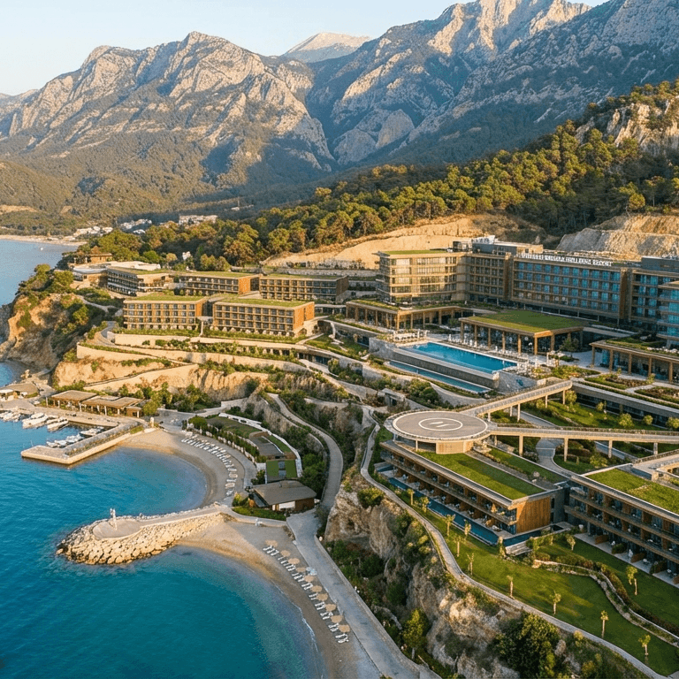An aerial view of a luxurious seaside resort nestled between a serene blue sea and towering mountainous terrain. The resort features modern architectural designs with multiple buildings, terraced greenery, and expansive pools. The warm lighting accentuates the golden hues of the structures, creating a harmonious blend with the natural surroundings. The backdrop showcases rugged mountains covered in dense forests, while the clear sky enhances the overall tranquility of the scene. The image does not contain any human subjects, thus details like makeup, gender traits, or clothing specifics are not applicable.