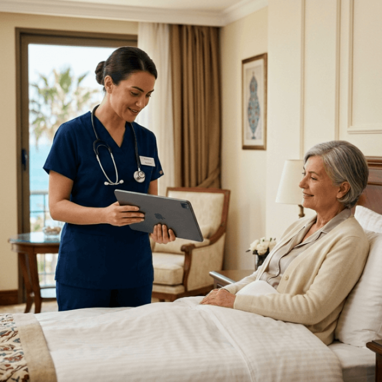 A hyper-realistic, 8k editorial photograph captured with a 50mm lens, showcasing a professional medical consultation in an upscale, light-filled suite. A female nurse, dressed in crisp, deep navy blue surgical scrubs and wearing a stethoscope, stands with a warm, empathetic expression, holding a tablet to communicate health data to an elderly female patient sitting comfortably in a well-appointed bed. The scene is bathed in soft, diffused natural light pouring in from large balcony windows overlooking a coastal view, creating a serene and gentle atmosphere. The nurse’s posture is professional and engaged, while the patient, wearing soft, light-toned casual loungewear, projects a calm and trusting demeanor. The textures of the refined interior—the plush bedding, wooden furniture, and elegant curtains—are rendered with sharp clarity and natural luminescence. The composition emphasizes a harmonious, high-end healthcare environment, balancing technical precision with human connection.